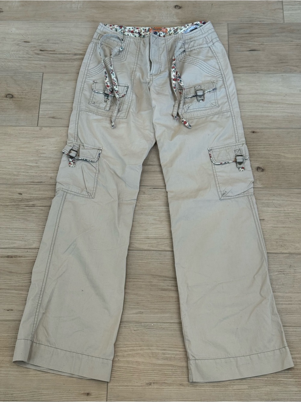 Light Khaki Cargo Pants with Floral Trim